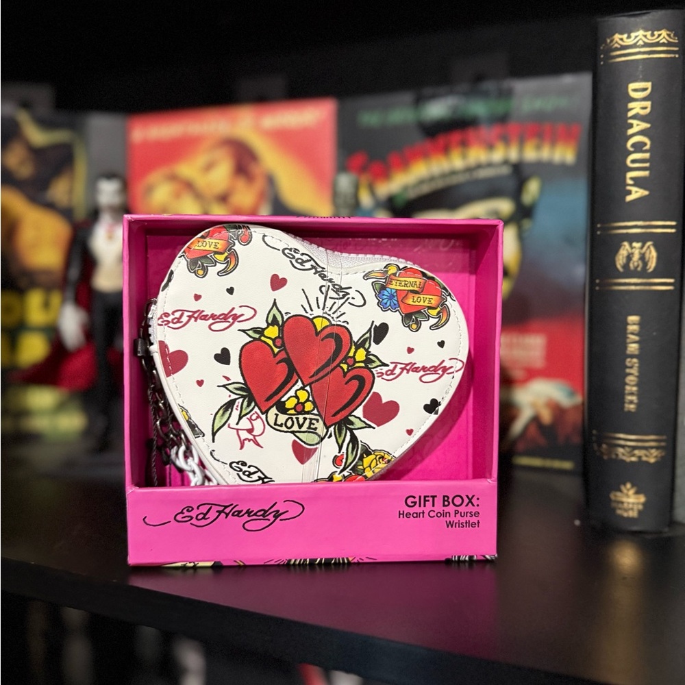 Ed Hardy White Heart Wristlet with Red and Yellow Design